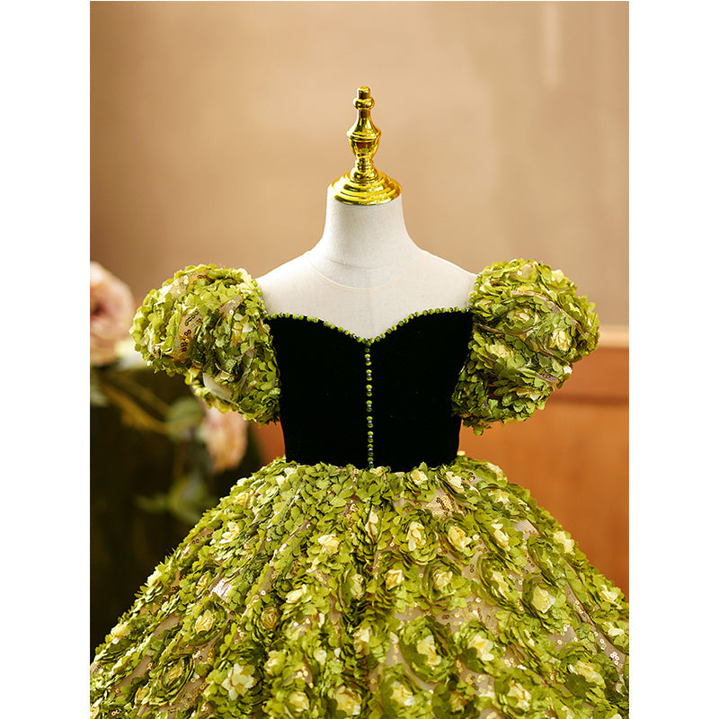Flower Girl Dress Children Color Contrast Green Floral Puff Sleeve Trailing Princess Communion Dress
