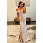 Trumpet/Mermaid Classic Elegant Of-Shoulder Cap Sleeves Satin Party Prom Dress