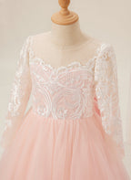 A-line Long Sleeves Lace Tulle Flower Girl Dresses Pink (2003227575)