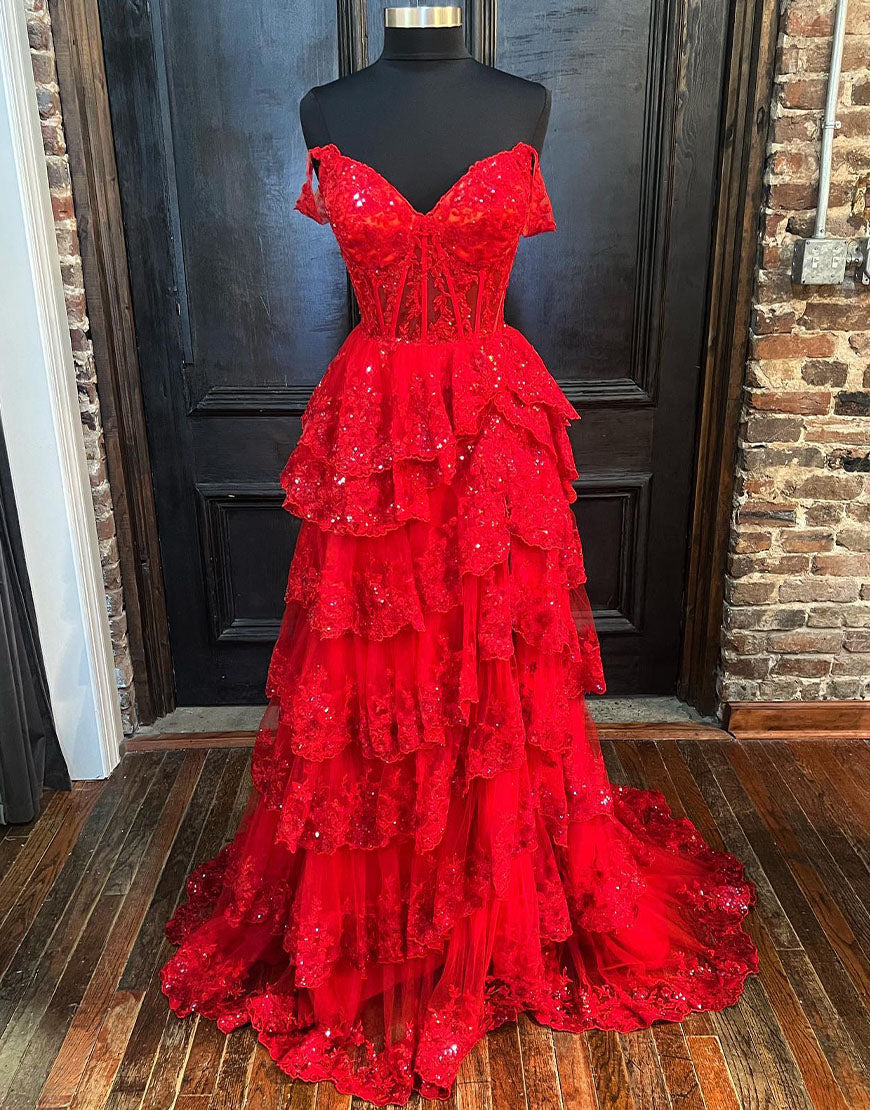 A Line Off the Shoulder Corset Prom Dress with Lace Ruffles