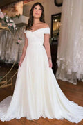 A-Line Off-The-Shoulder Floor-Length Short Sleeve Stain Wedding Dresses with Ruffles