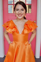Hot Pink V-Neck Ruffle A-Line Long Prom Dress