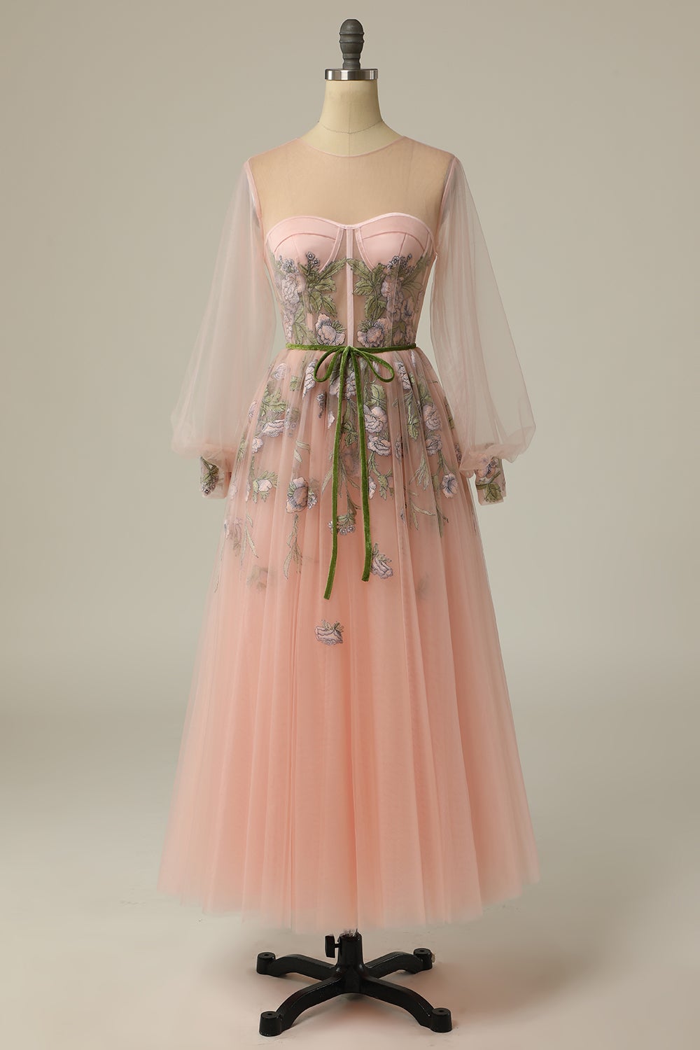 A Line Scoop Long Sleeve Tulle Prom Dress with Floral Embroidery