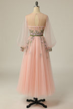 A Line Scoop Long Sleeve Tulle Prom Dress with Floral Embroidery