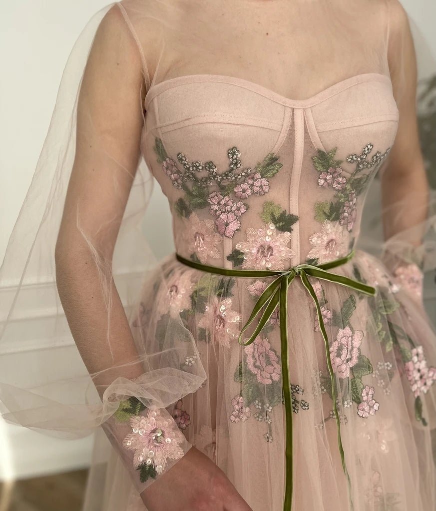 A Line Scoop Long Sleeve Tulle Prom Dress with Floral Embroidery