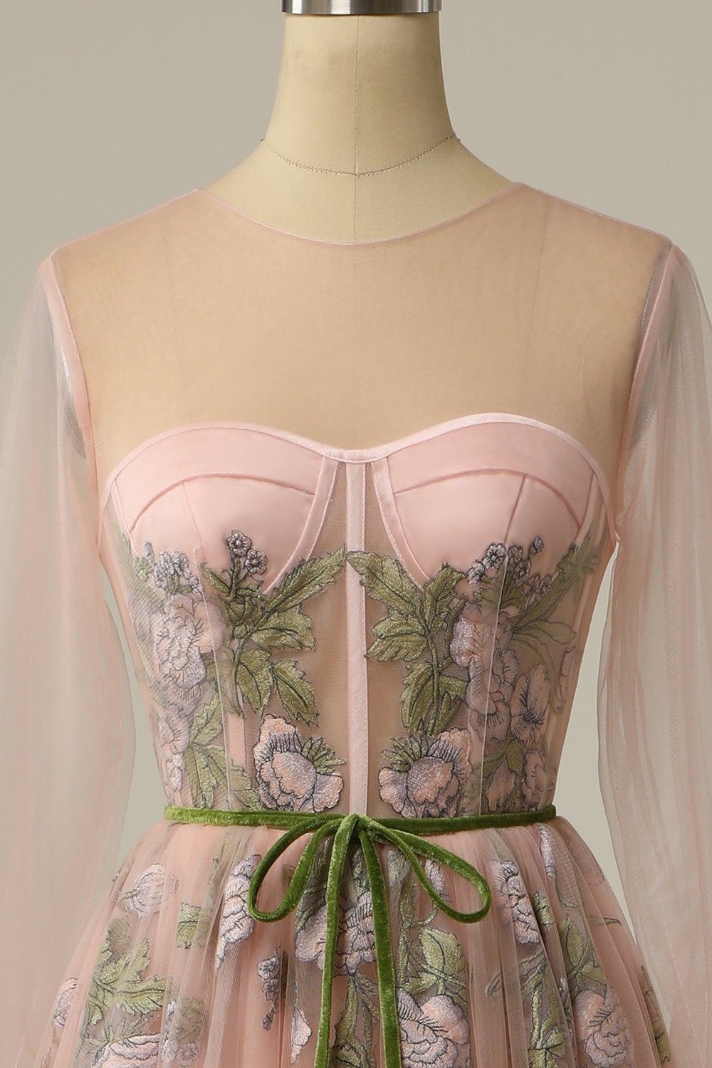 A Line Scoop Long Sleeve Tulle Prom Dress with Floral Embroidery