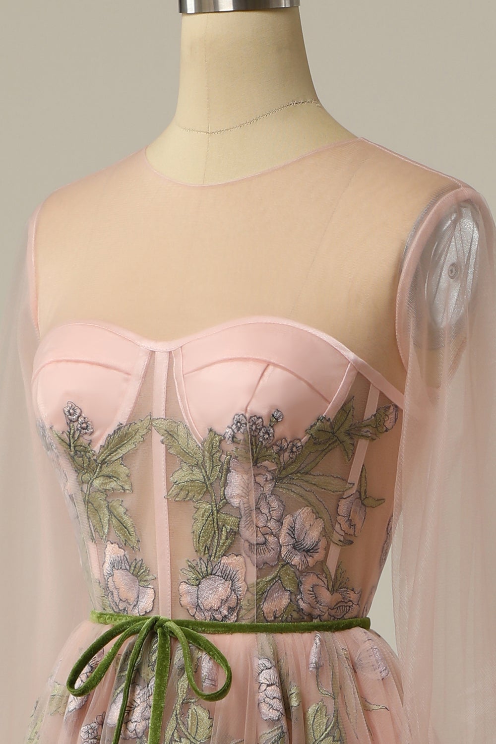 A Line Scoop Long Sleeve Tulle Prom Dress with Floral Embroidery