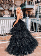 A Line Spaghetti Straps Tiered Tulle High Low Prom Dress