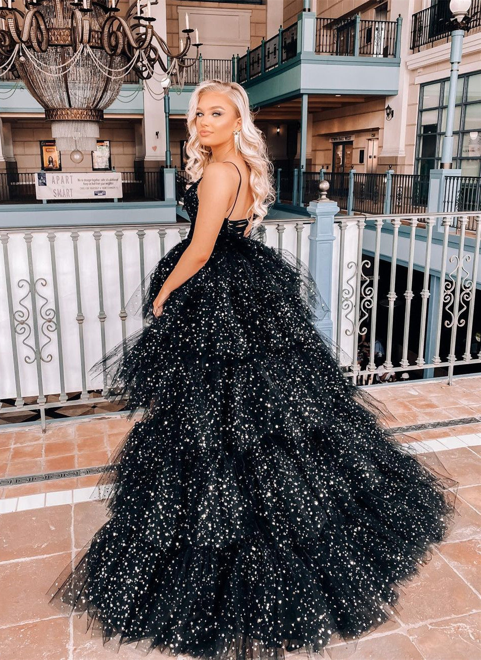 A Line Spaghetti Straps Tiered Tulle High Low Prom Dress