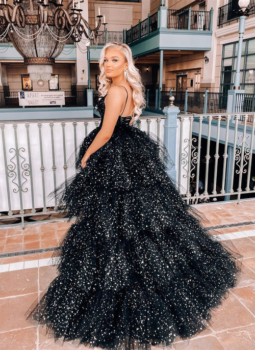 A Line Spaghetti Straps Tiered Tulle High Low Prom Dress