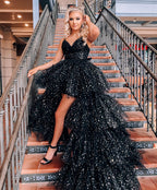 A Line Spaghetti Straps Tiered Tulle High Low Prom Dress