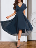 A-Line/Princess Chiffon V Neck Short Sleeves  Mother of the Bride Dresses with Belt