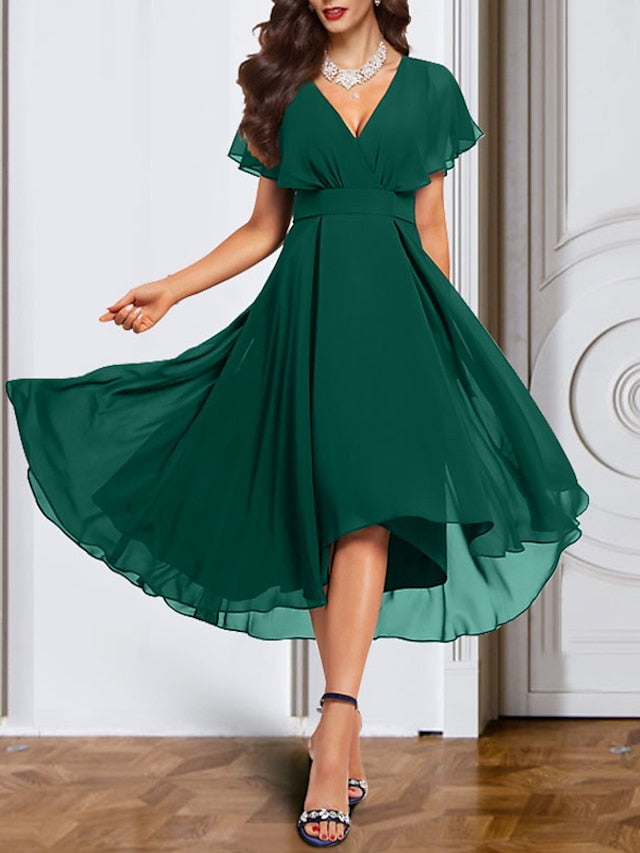 A-Line/Princess Chiffon V Neck Short Sleeves  Mother of the Bride Dresses with Belt