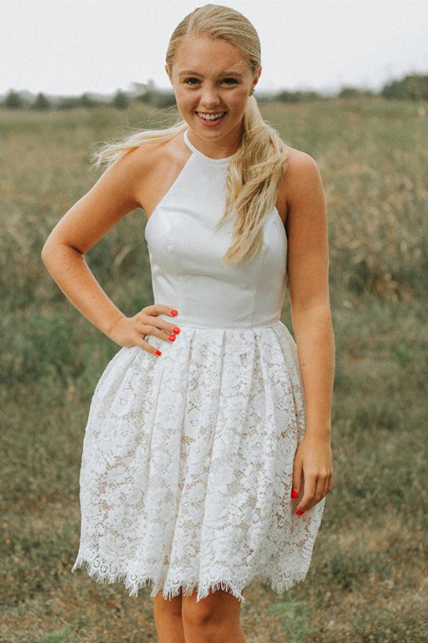 A-Line Lace Halter Neckline Backless Short Homecoming Dress