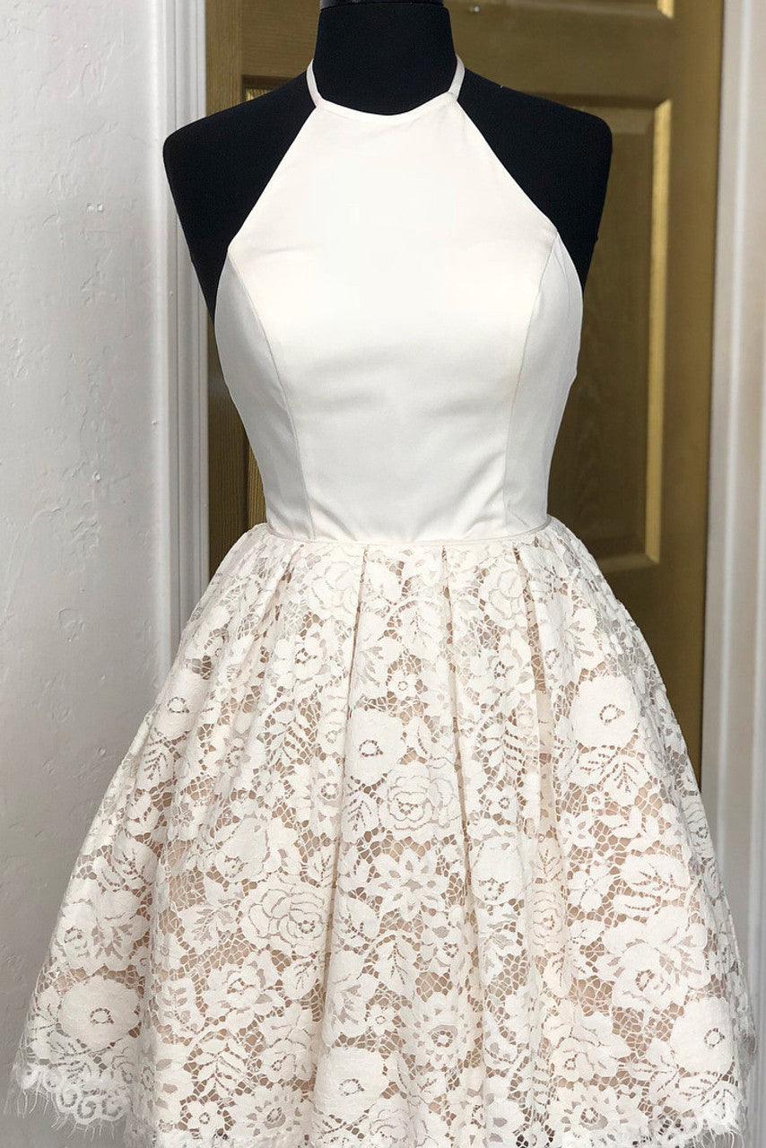 A-Line Lace Halter Neckline Backless Short Homecoming Dress