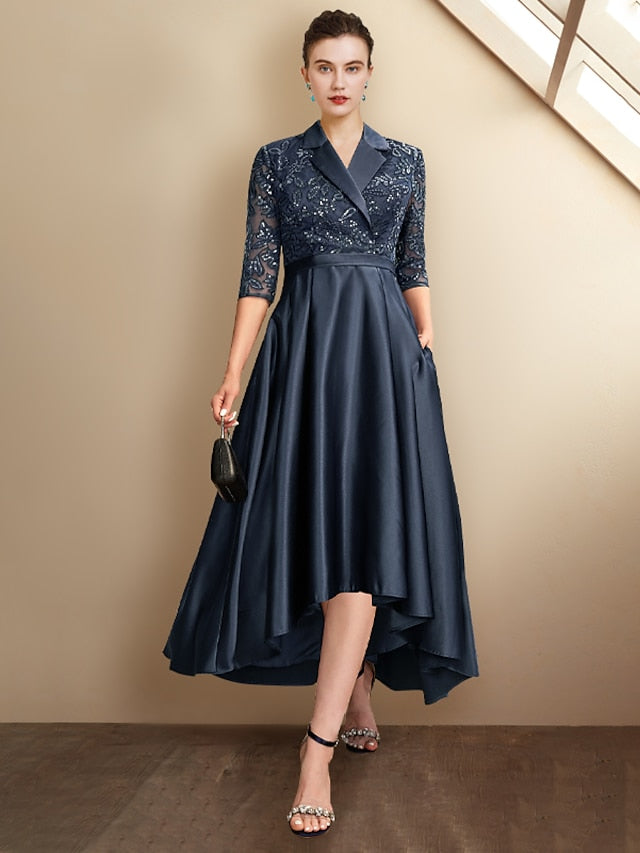 Sheath/Column V-Neck Tea-Length Mother of the Bride Dresses