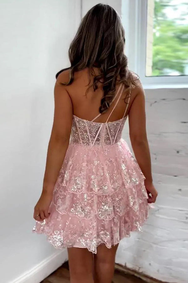 A-Line One Shoulder Cute Homecoming Dress With Appliques