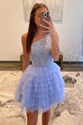 A-Line One Shoulder Lace Layered Lavender Homecoming Dress
