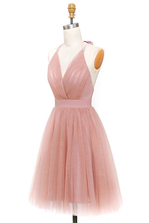 A-Line Tulle Deep V-neck Backless Pleats Mini Homecoming Dress