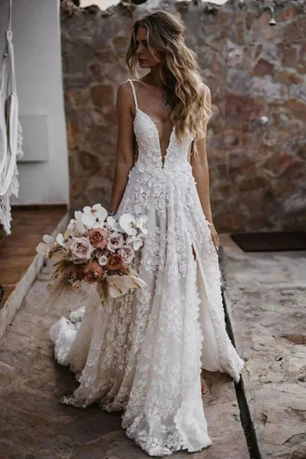 A-Line Straps Lace Beach Wedding Dress Boho Bridal Gown With Split