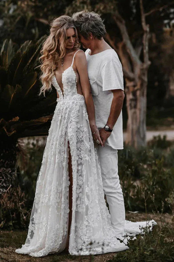A-Line Straps Lace Beach Wedding Dress Boho Bridal Gown With Split
