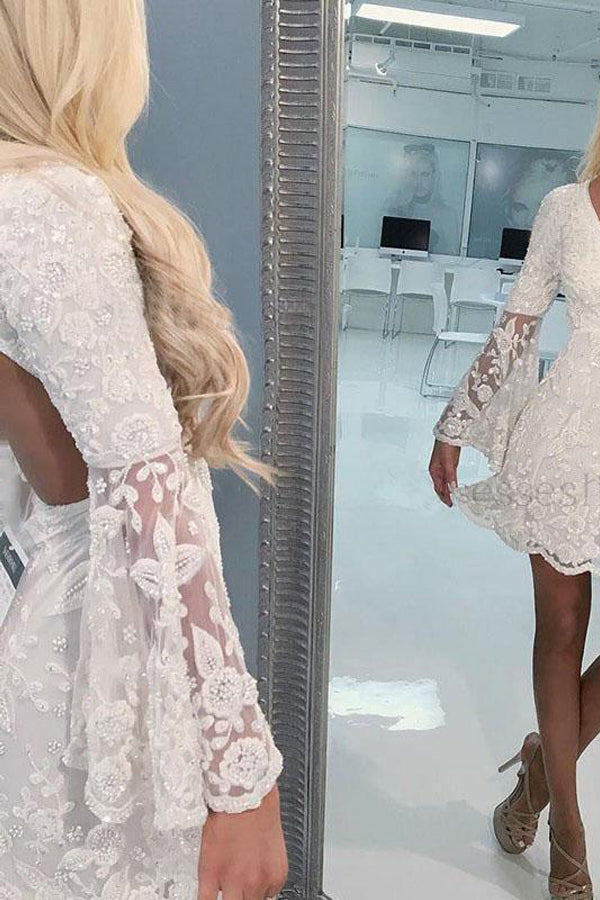 A-Line Bell Sleeves Short Lace Homecoming Dress Graduation Dresses