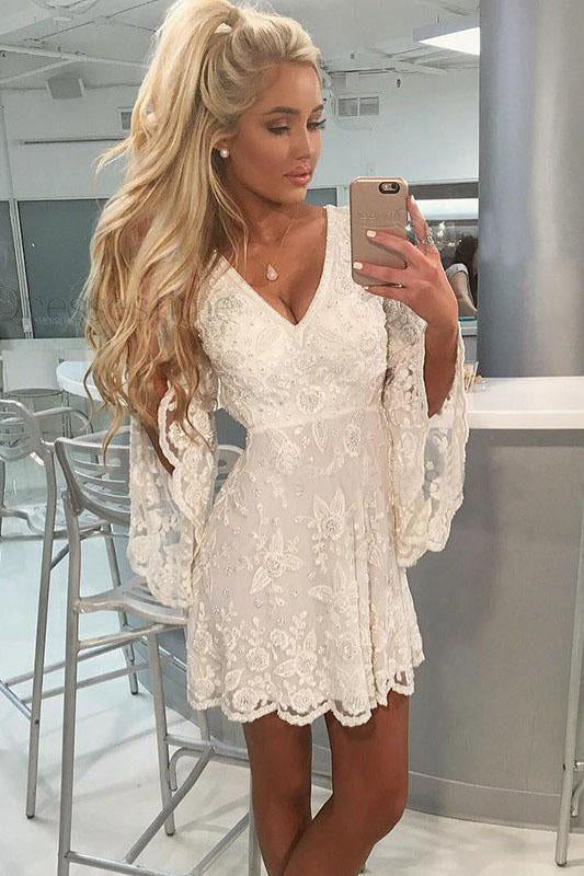 A-Line Bell Sleeves Short Lace Homecoming Dress Graduation Dresses