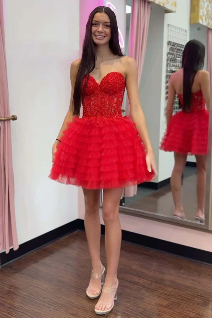 A-Line Ruffled Strapless Corset Homecoming Dress