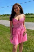 A-line Hot Pink Lace Appliques Party Dress Homecoming Dress