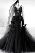 A-line V Neck Black Long Prom Dress Floral Evening Dress