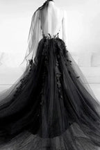 A-line V Neck Black Long Prom Dress Floral Evening Dress