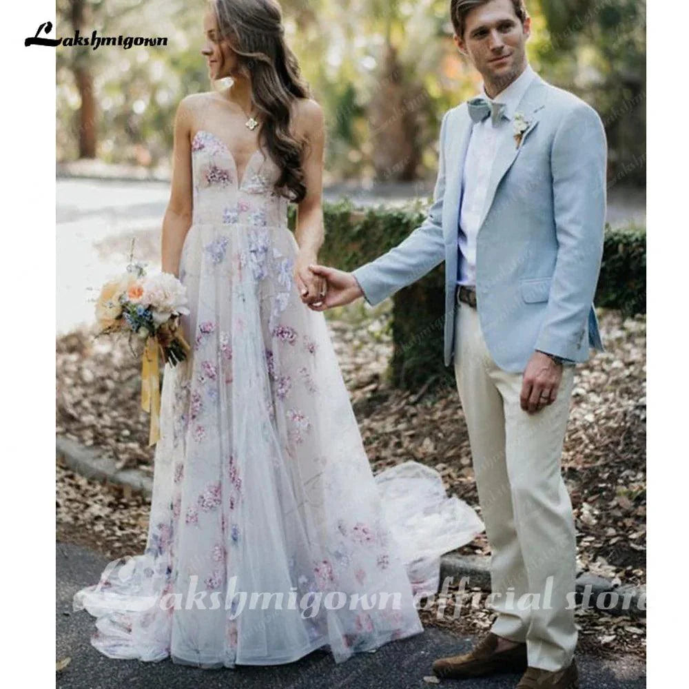 NumberSea Print Flower A-Line Lace Applique Wedding Dress For Women Sleevless Sweetheart Bridal Gown for Bridal  Vestido