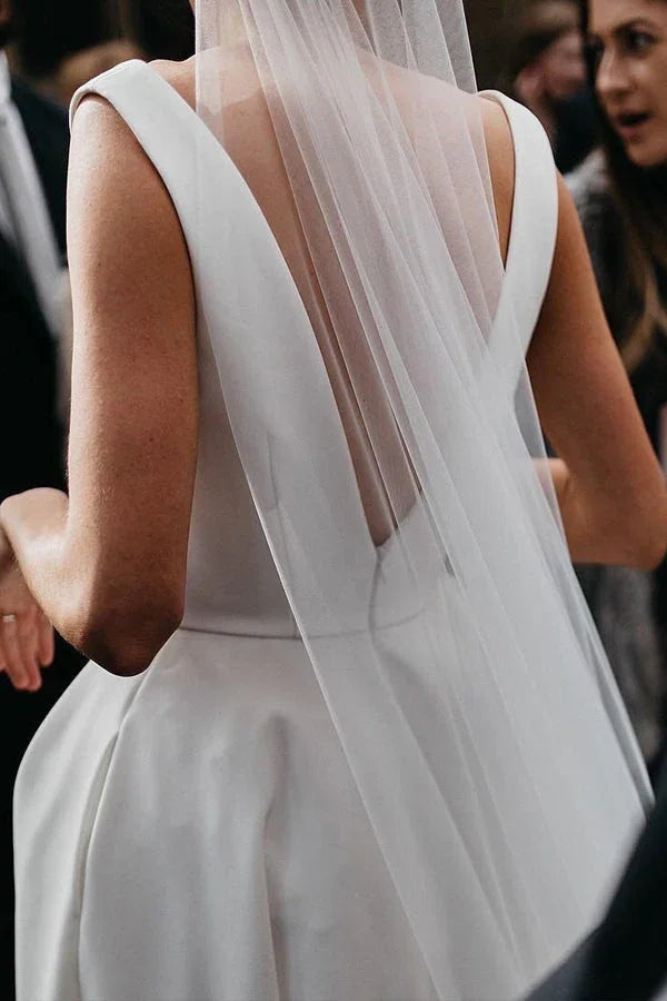 A Line Deep V Neck Open Back White Long Wedding Dresses Bridal Gown