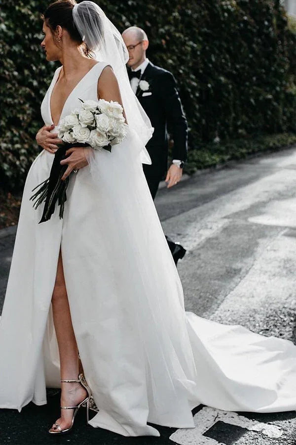 A Line Deep V Neck Open Back White Long Wedding Dresses Bridal Gown