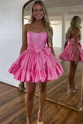 A Line Fuchsia Strapless Ruffle Cute Homecoming Dress with Bow