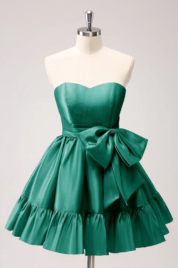 A Line Fuchsia Strapless Ruffle Cute Homecoming Dress with Bow