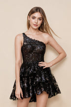 A Line One Shoulder Tiered Lace Short Homecoming Dress