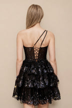 A Line One Shoulder Tiered Lace Short Homecoming Dress