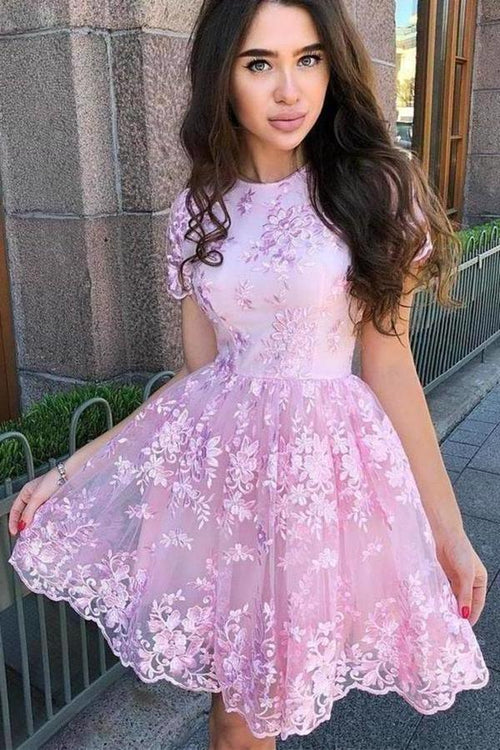 A Line Short Sleeve Lace Short Prom Dress Homecoming Dress
