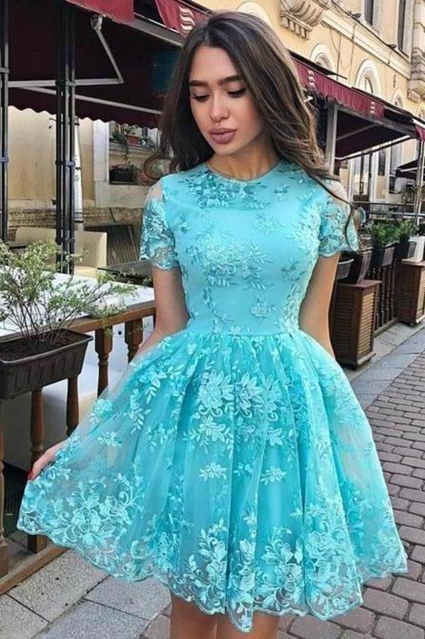A Line Short Sleeve Lace Short Prom Dress Homecoming Dress