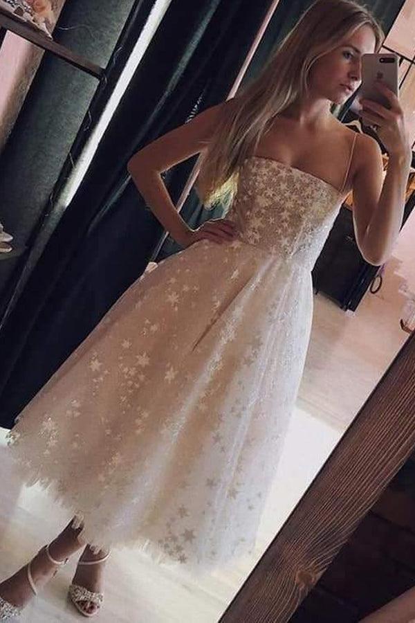 A Line Spaghetti Strap Tea Length Homecoming Dress With Beading