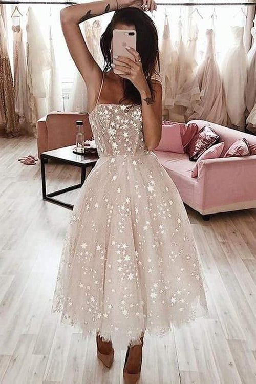 A Line Spaghetti Strap Tea Length Homecoming Dress With Beading