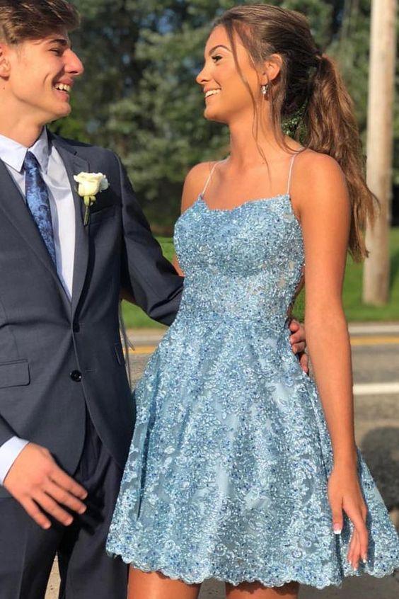 A Line Spaghetti Straps Cross Back Lace Short Prom Dresses