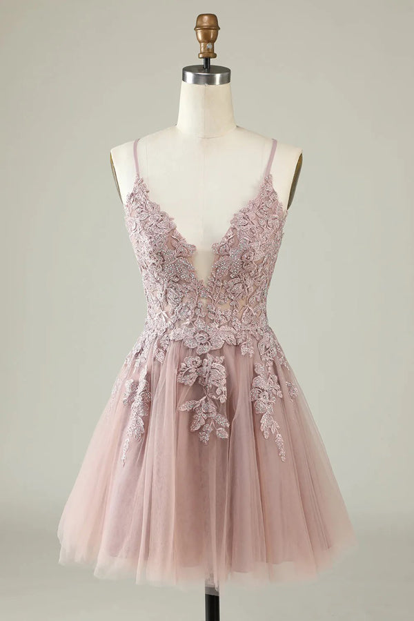 A Line Spaghetti Straps Tulle Short  Homecoming Dress