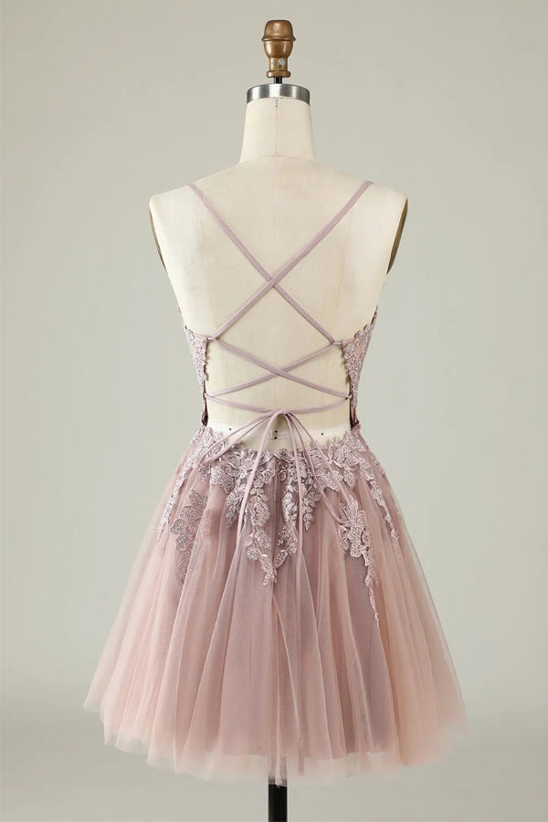 A Line Spaghetti Straps Tulle Short  Homecoming Dress