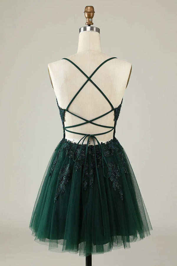 A Line Spaghetti Straps Tulle Short  Homecoming Dress