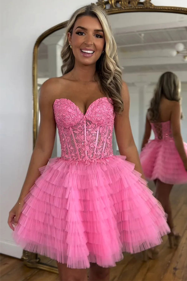 A Line Strapless Tulle Homecoming Dress With Beading