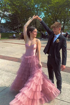 A Line Sweetheart Layered Tulle Rose Pink Long Prom Dress