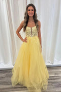 A Line V Neck Backless Yellow Lace Long Prom Dresses