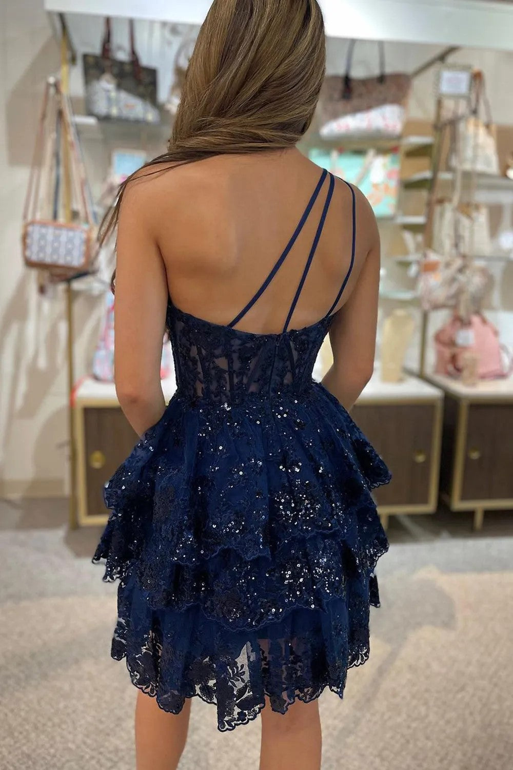 A Line One Shoulder Tiered Lace Short Homecoming Dress